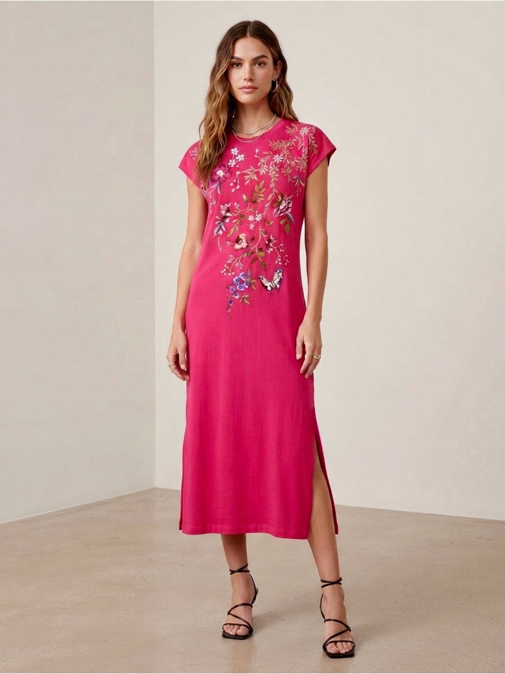 Johnny Was Sheri Maxi Dress Ultra Pink Floral Embroidered Cotton XS